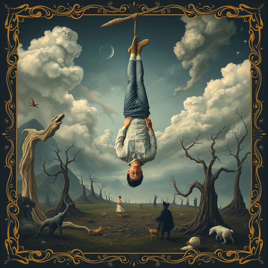 A man suspended upside down, with a dreamlike landscape arou...