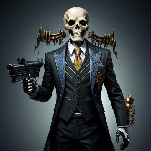 skeleton in a suit with a six shooter