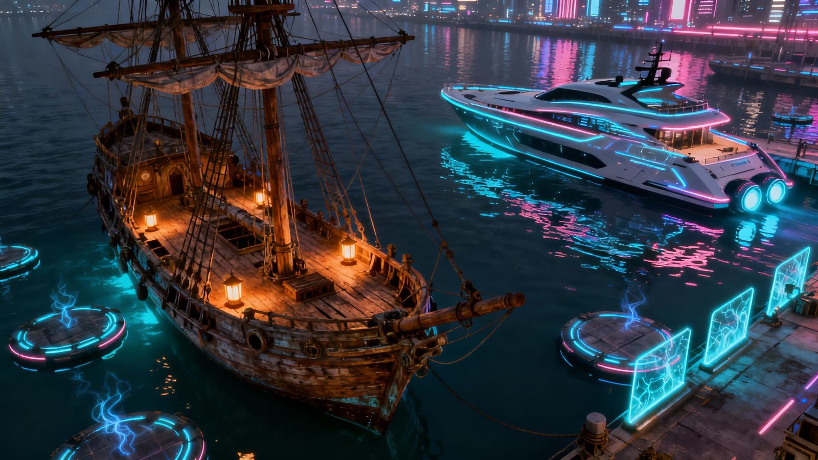 A wooden galleon in the harbour of a sci-fi city at night. The galleon is illuminated by laterns. Other ...  by @Mikrotherion
