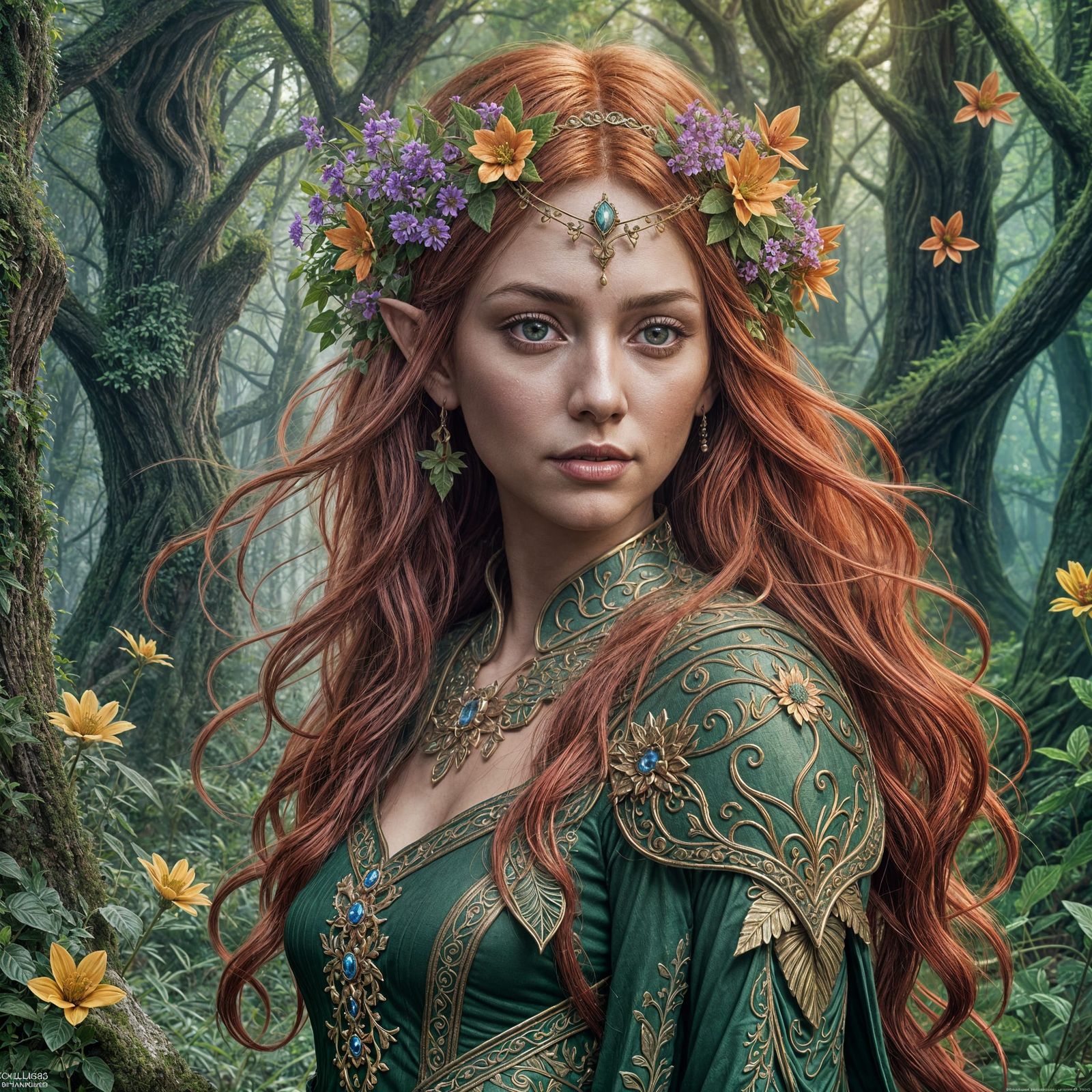 Red-Haired Elf Woman with Flowers: Fantasy Art