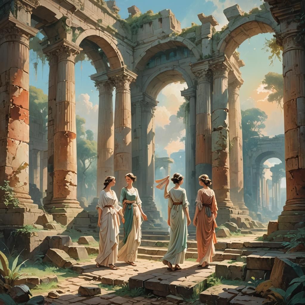 Ethereal Women in Ancient Ruins Oil Painting