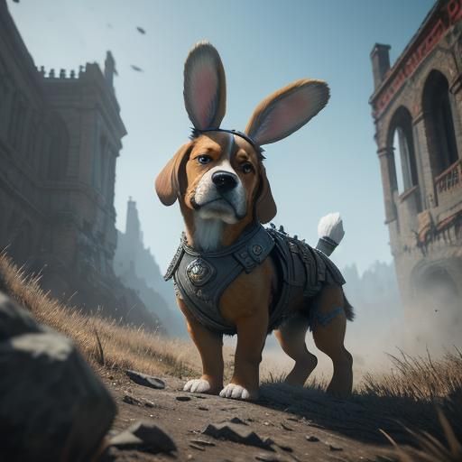 Beagle dog warrior but with bunny ears. 