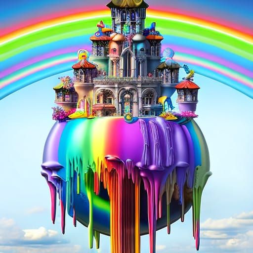 Rainbow castle on floating rainbow orb drip paint   by @David Myers