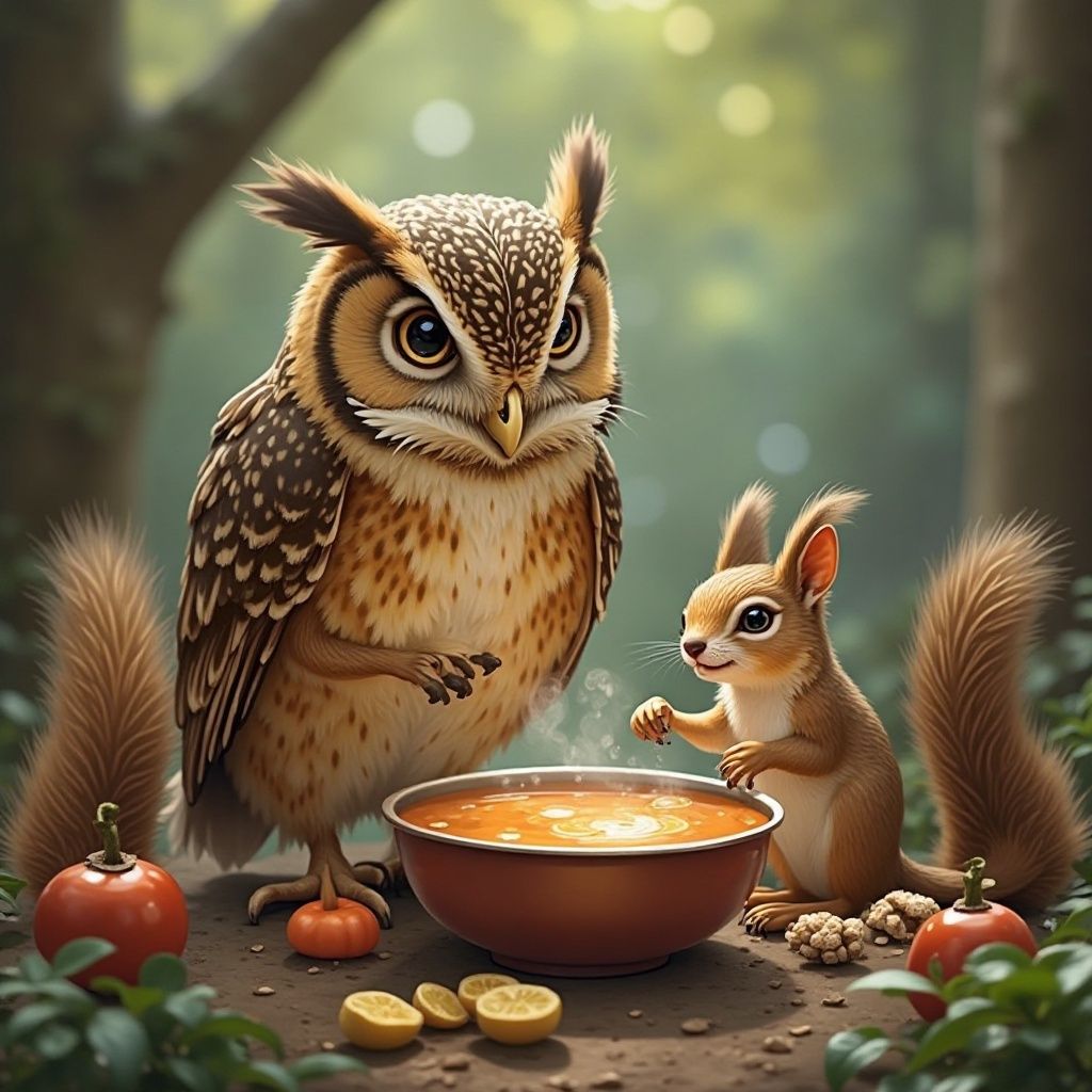 Vieil hibou sage et un jeune écureuil