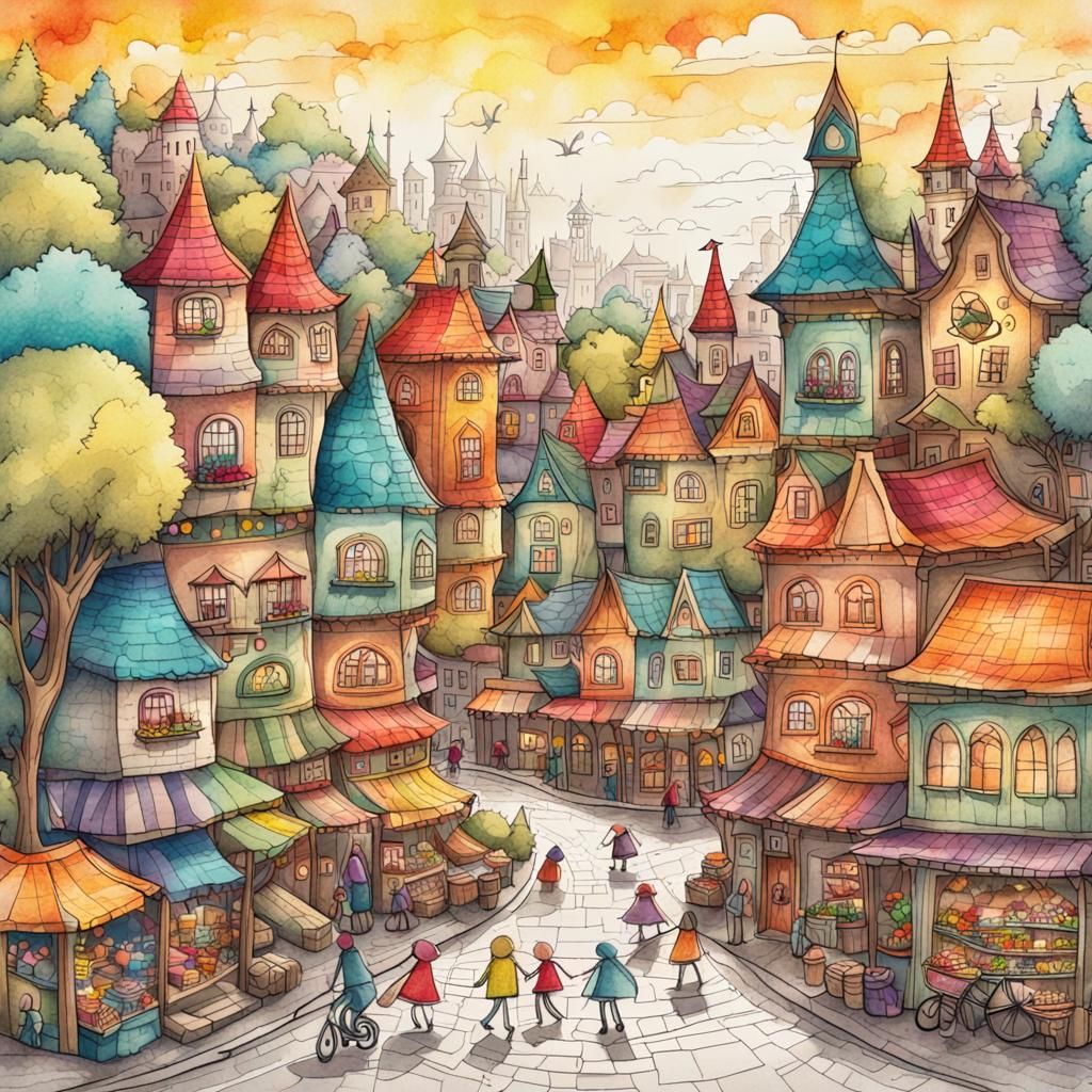 Fantasy town drawn with pen and ink with pops of color and stick figure kids.   by @Gramma_to_2