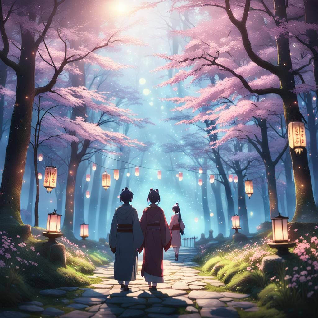 Tathagata and Subhuti in Luminous Anime Forest
