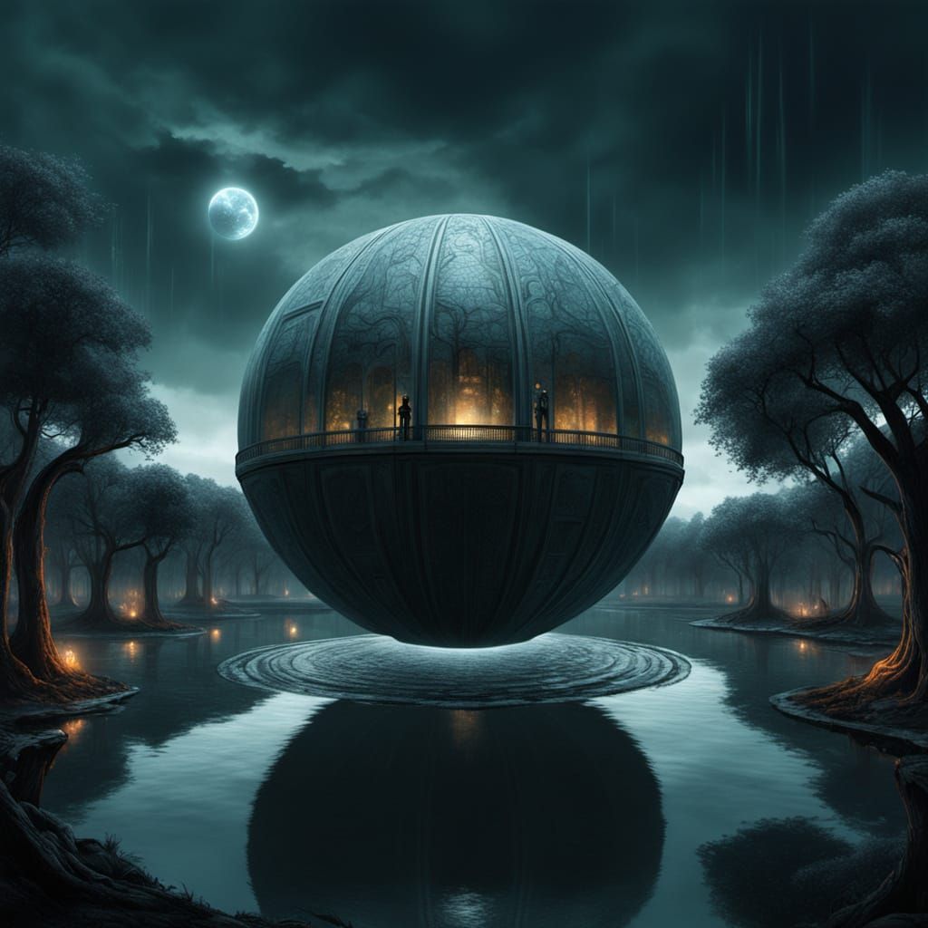 A giant metallic paneled orb sits in the middle of a circular pond, glowing. The pond surrounded by creepy trees and tall cement buildings. ...