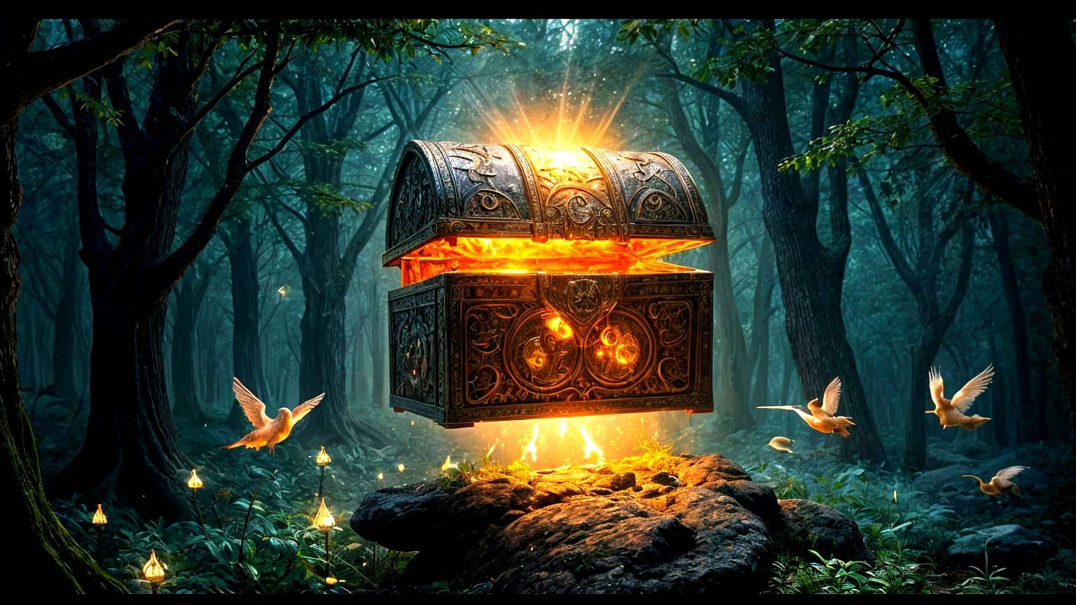 Treasure Chests A radiant, magical treasure chest floats in the center of a mystical forest clearing, pulsating with an inner light. Ancient...