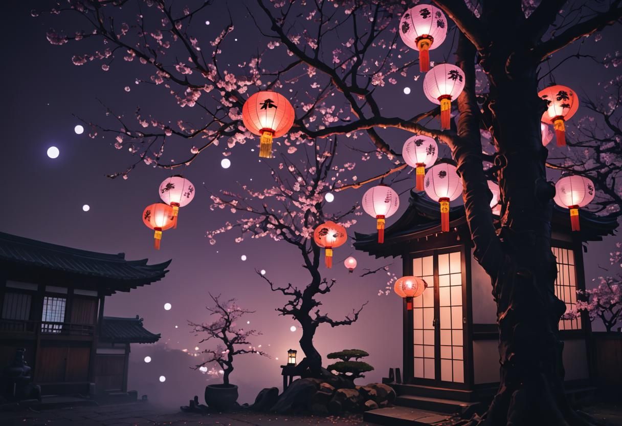 Japanese blossom tree, flying purple pedals, clear bubbles, ...