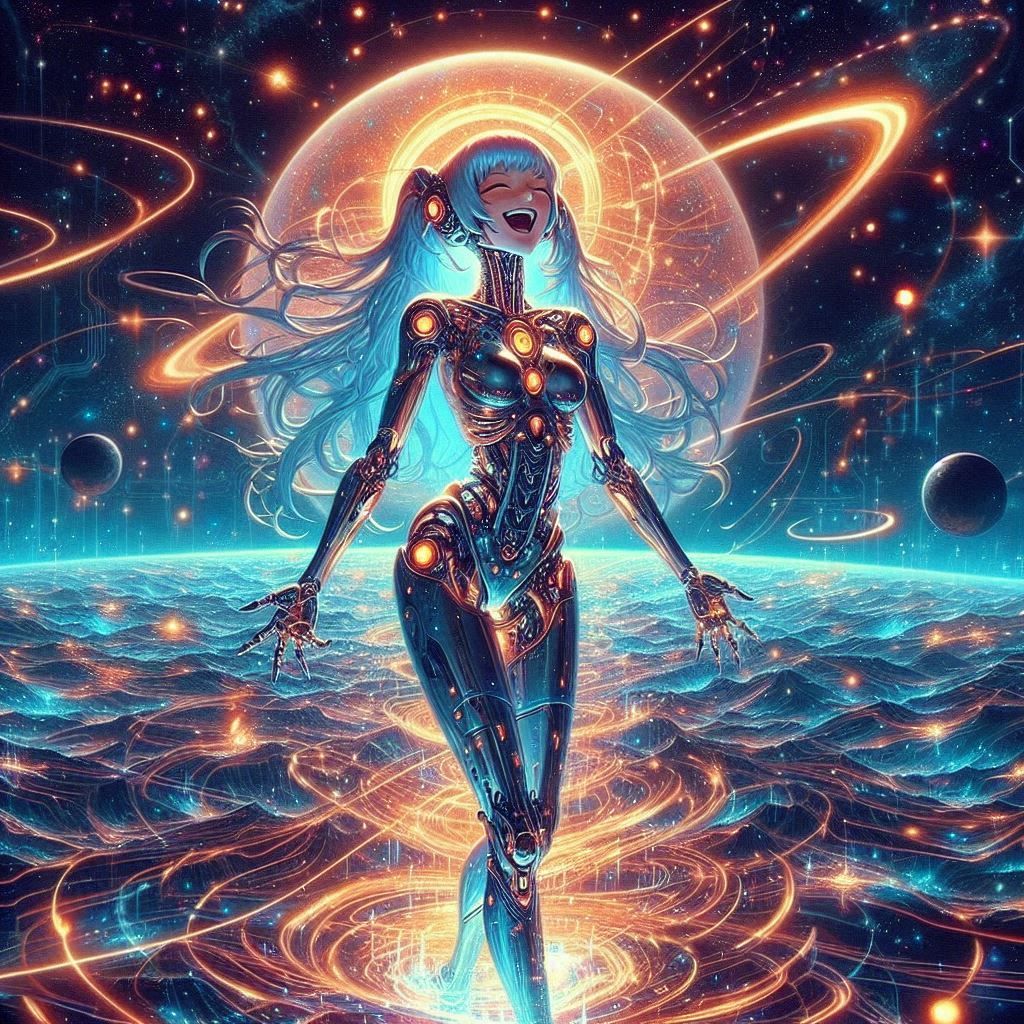 An anime robotic female deity, a glowing aura surrounds her,...