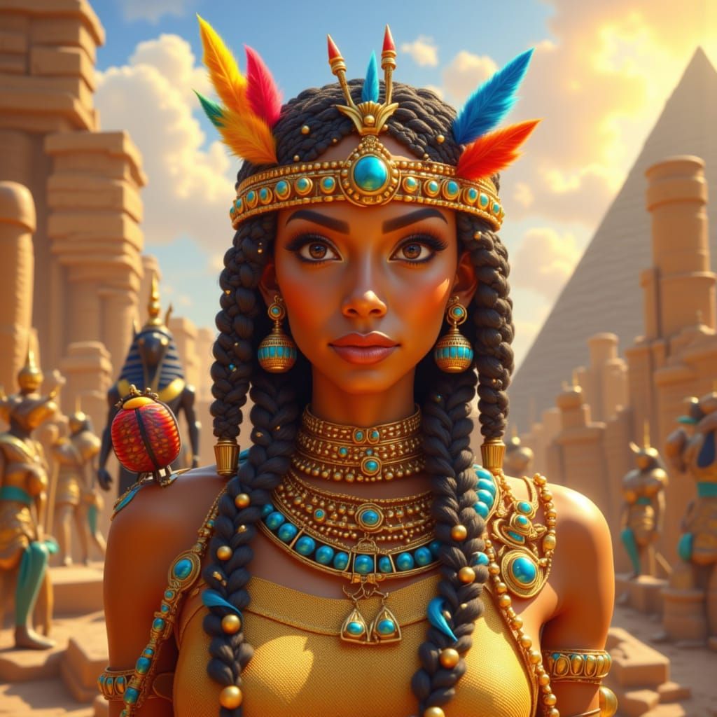 Egyptian Mythology-inspired Digital Matte Painting. Medium shot. A regal Pharaoh with braids adorned with gold beads and colorful feathers s...