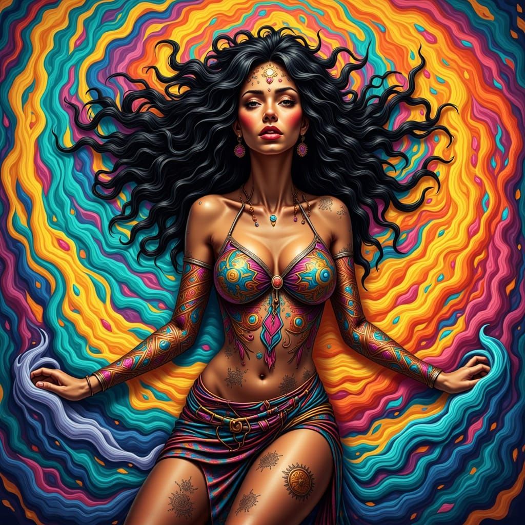 Woman in Tribal Clothing Amidst Swirling Colors