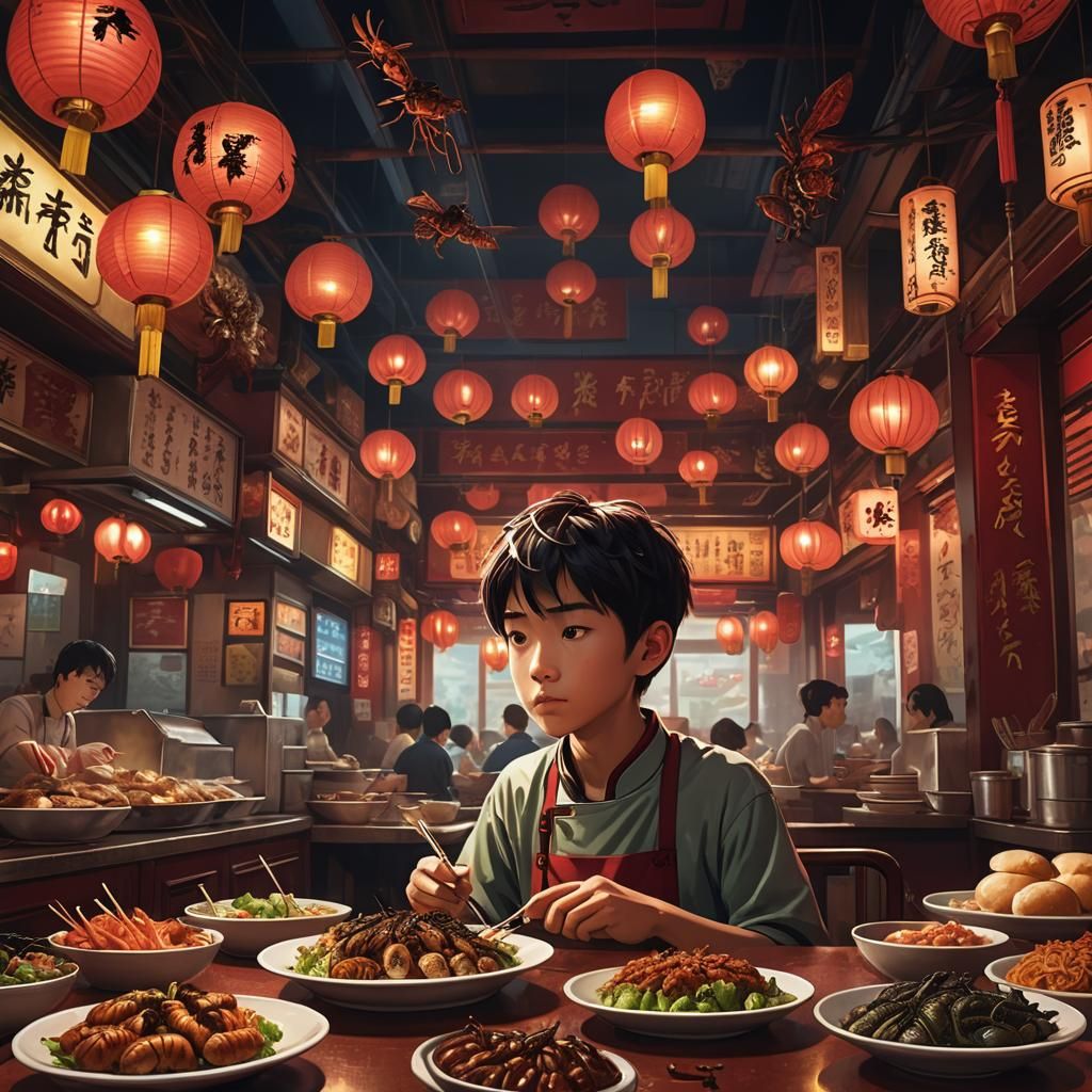 Anime Boy with Exotic Insects, Vibrant Digital Art