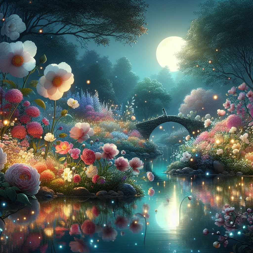 Ethereal Reflections: Flowers by the Tranquil Pond