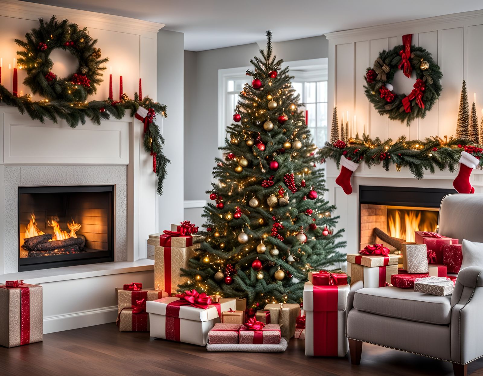 Presents Under the Christmas Tree Near a Fireplace with a Christmas