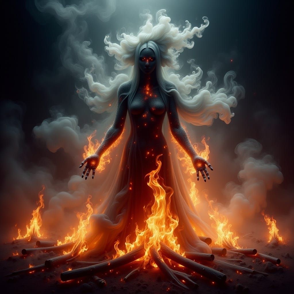 <lora:Dreamy Enchantment:1.0> A mesmerizing, hyper-realistic scene of a witch materializing from the heart of a roaring bonfire. Her form is...