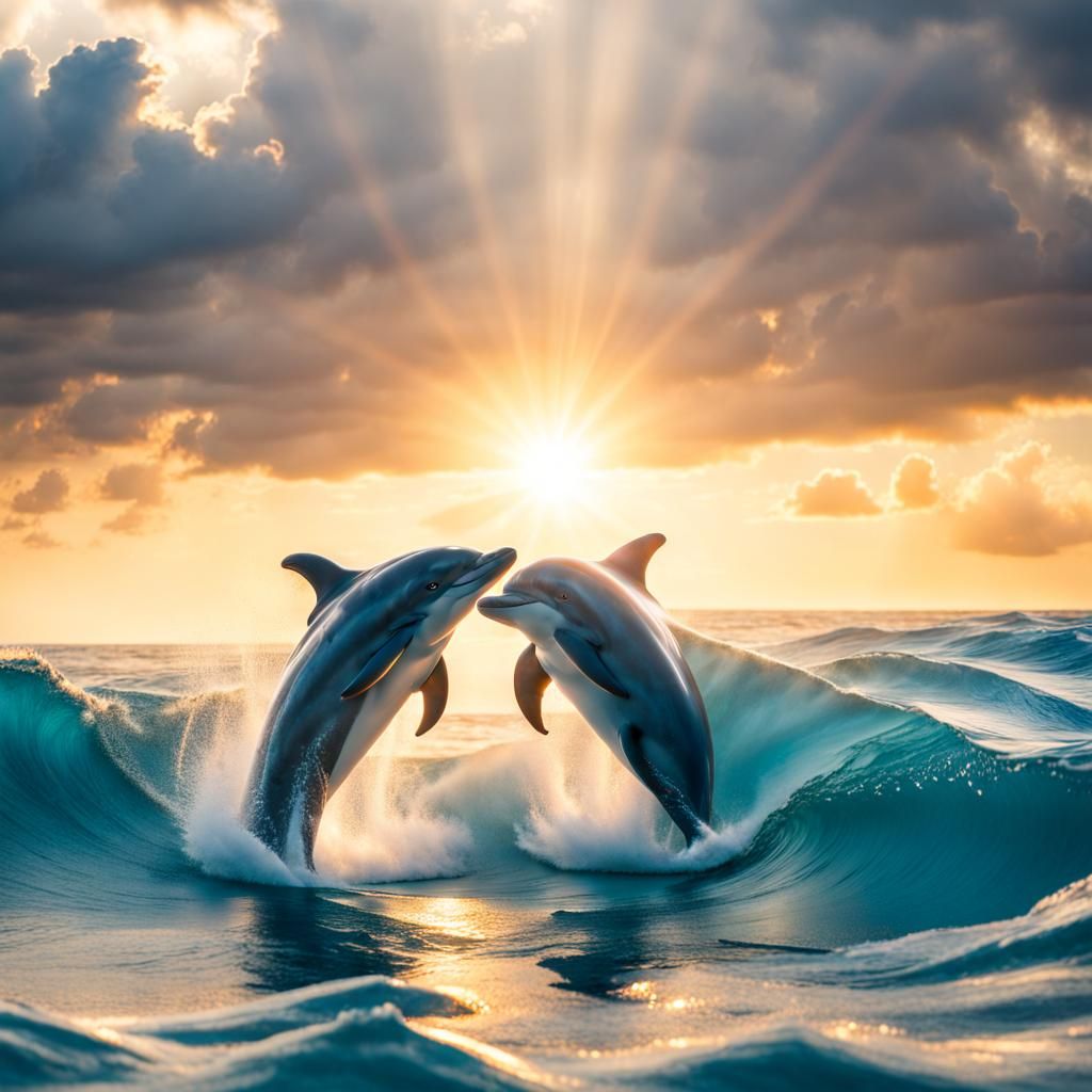 Heart shape from two dolphins swimming in big waves. Cloudy ...