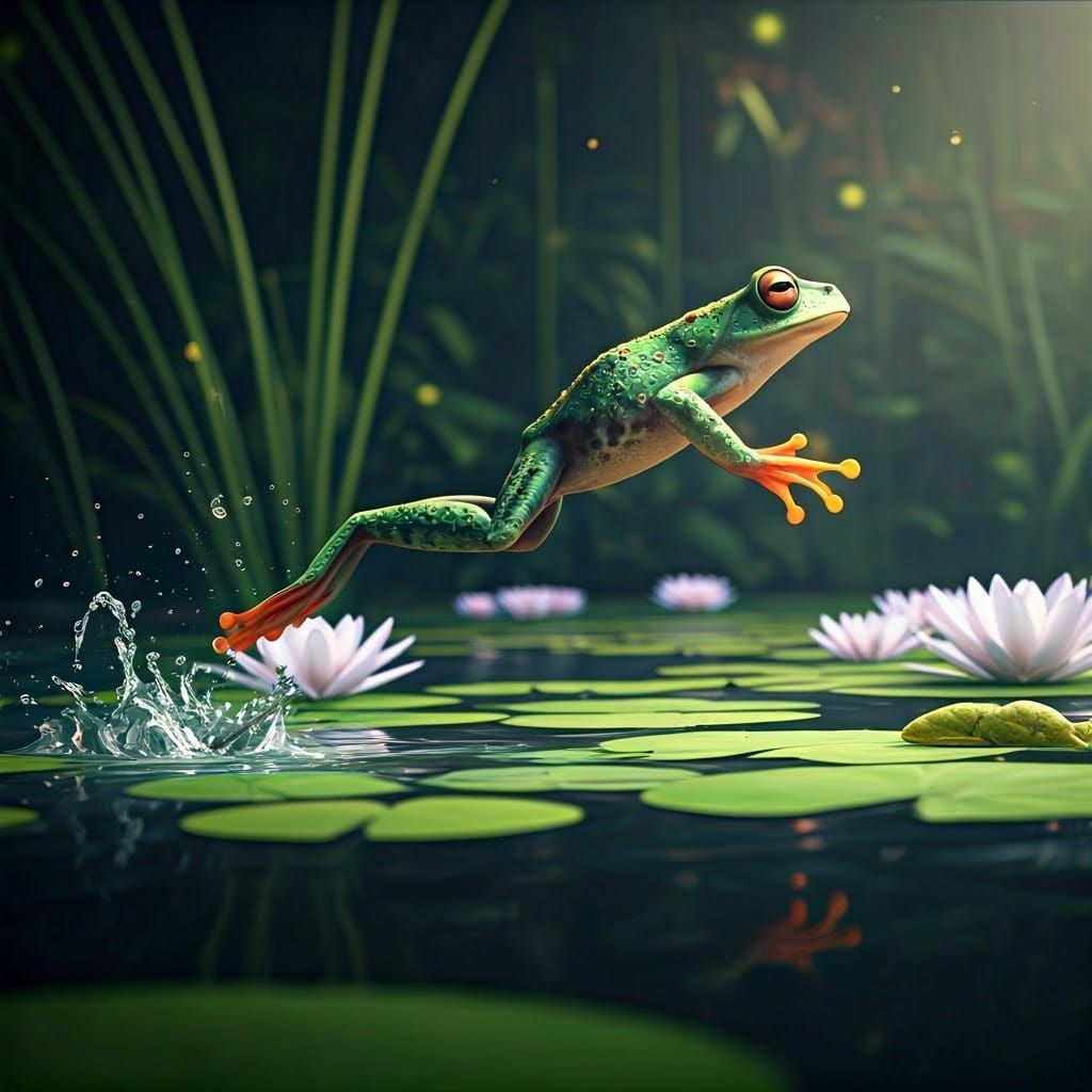 Fast action shot of a slim frog mid-leap across a lily pad-filled pond  by @Nina Camplin