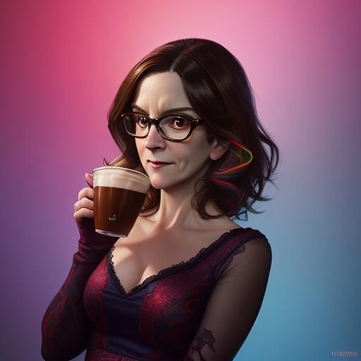 Demon Tina Fey drinking coffee AI Generated Artwork NightCafe Creator