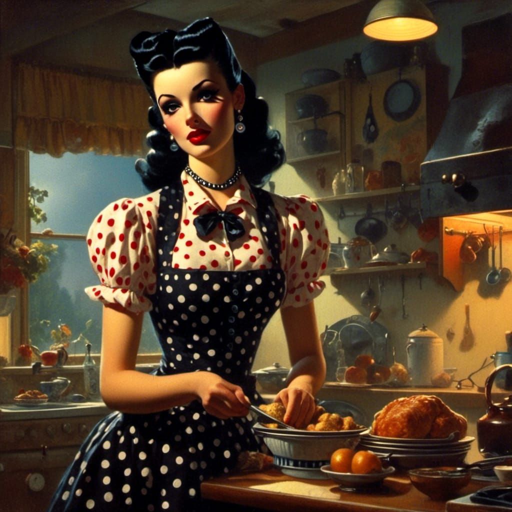  <lora:Midnight Retro:1.0>goth housewife in polka dots, dramatic lighting 
