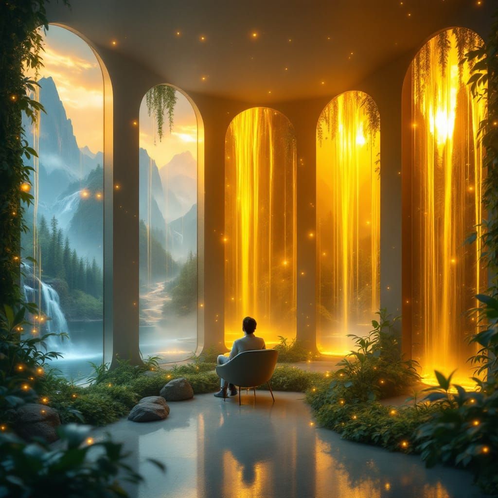 A magical indoor scene in a style of surreal fusion, where golden waterfalls flow down the walls of a room, reflecting surreal landscapes of...