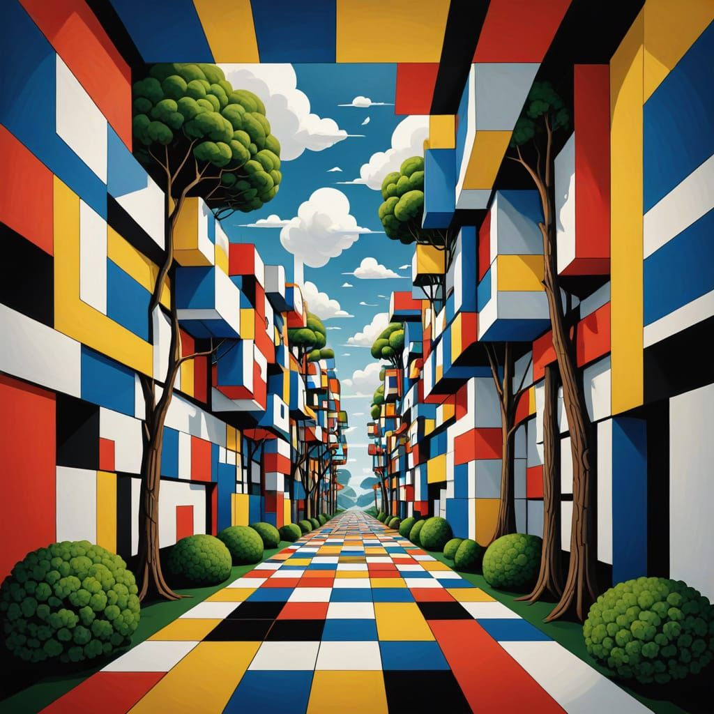 imagine a surreal landscape where everything—from trees to clouds—is square-shaped, creating a geometric ...  by @Maria Simoes Coelho