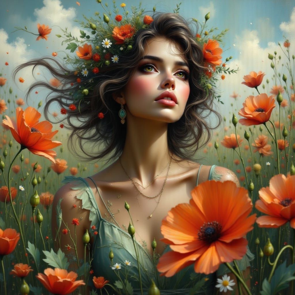 Woman in Poppy Field: Bohemian Grunge & Dreamy Impasto Style