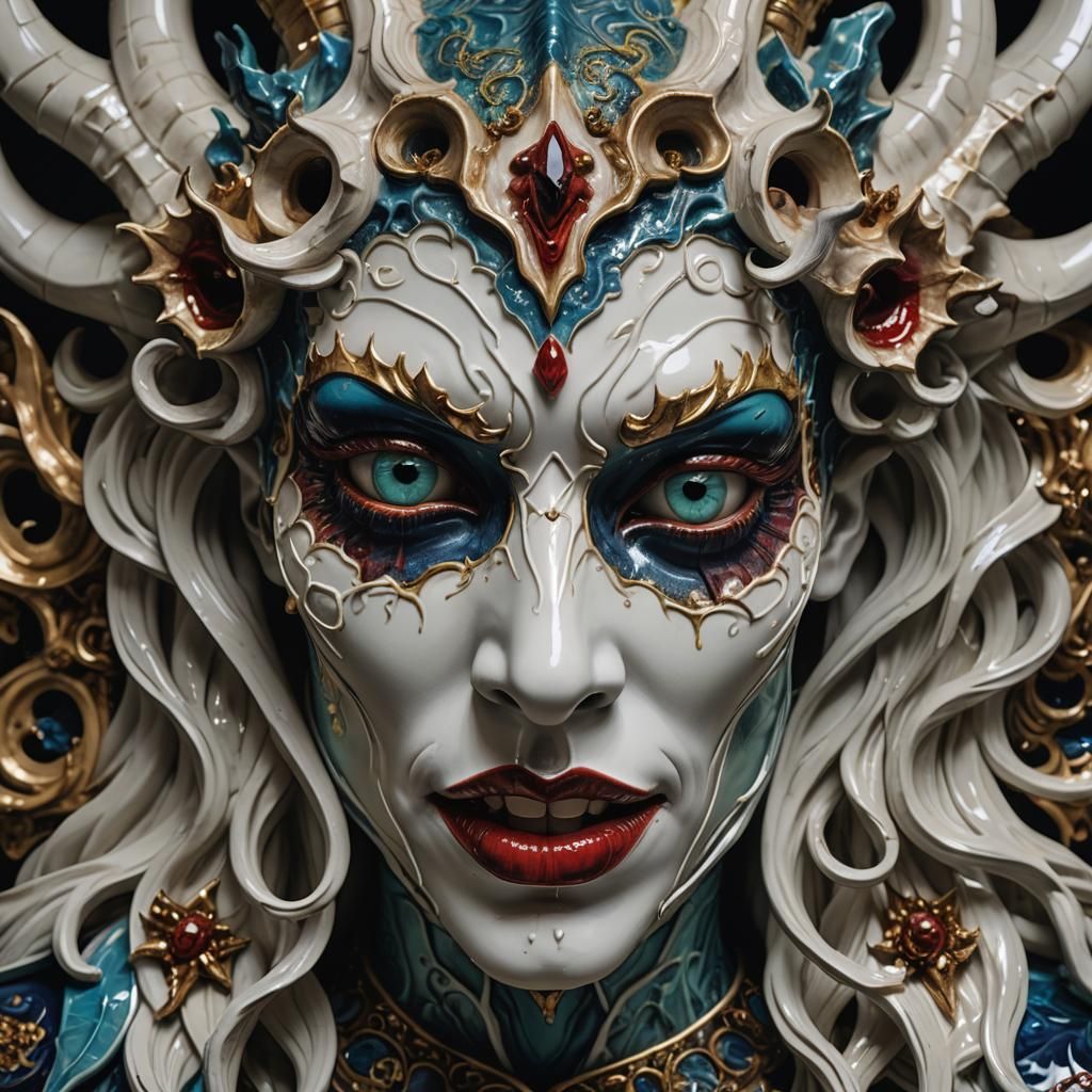 Porcelain Mask of a surrealistic portrait of a female Demoness, (hyper-detailed underglaze, vivid jewel-like colours:1.9)":"HDRI, Studio Lig...