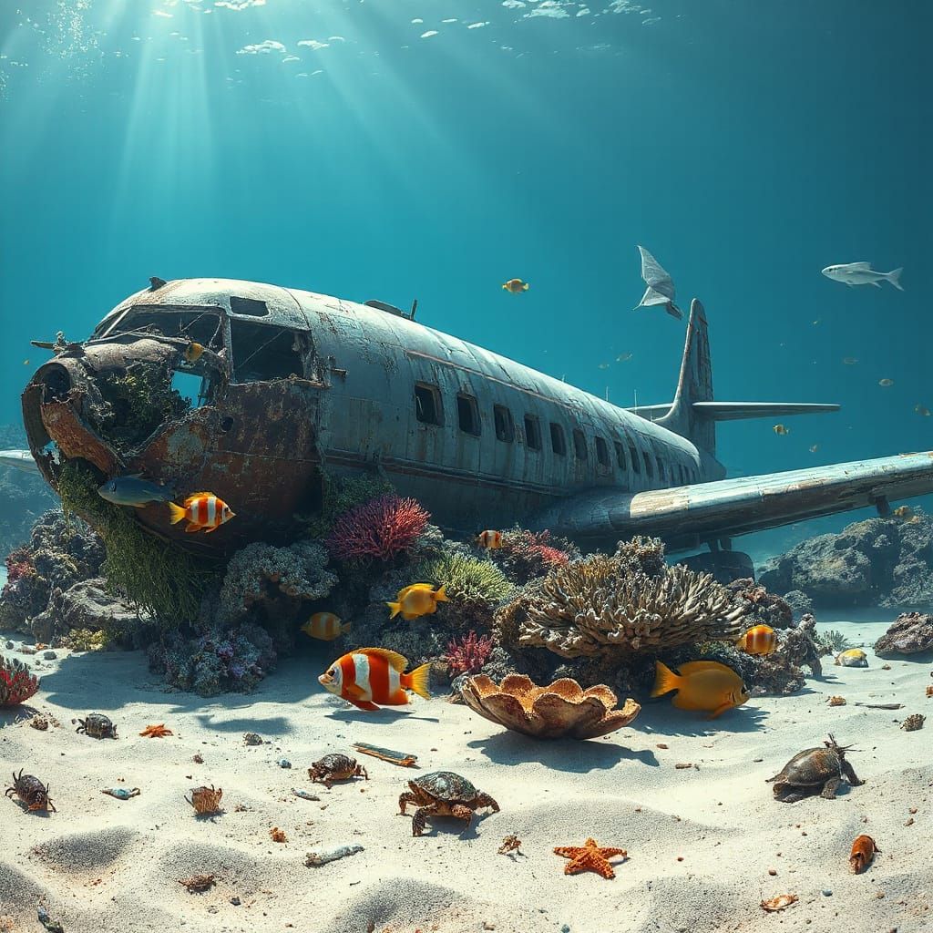 A highly detailed, photorealistic underwater scene of a sunken old airplane resting on the ocean floor, ...  by @PVW