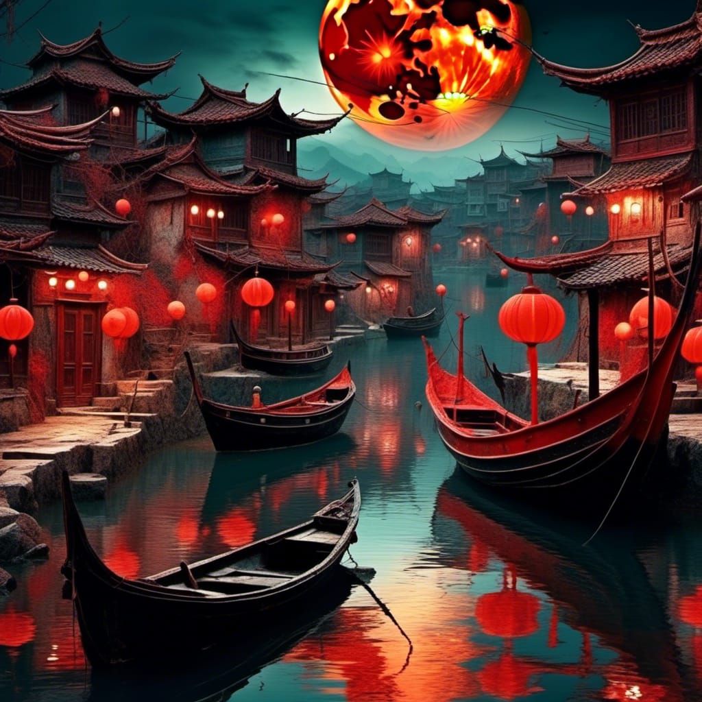 <lora:Story Book:1.0> Vaporwave blood moon close up fishing boats 