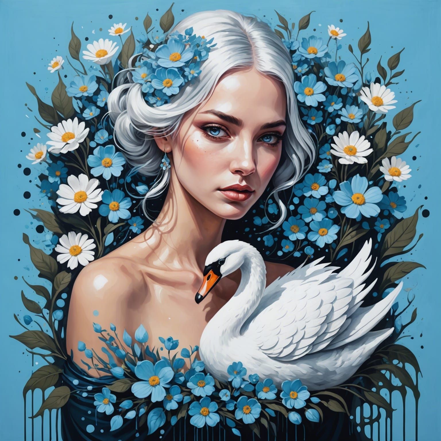 an elegant swan like women with white eyes and silver hair c...