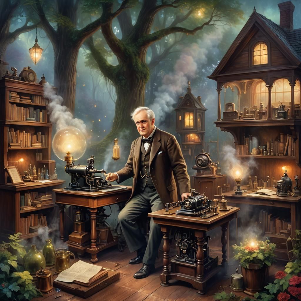 Thomas alva Edison with his phonograph ,vintage laboratory,V...