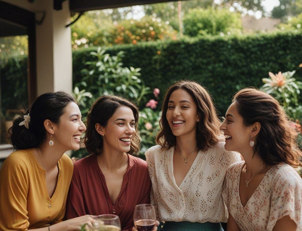 A group of 4 diverse women wearing refined, modest clothing, enjoying a glass of wine or a cocktail and having a great t...