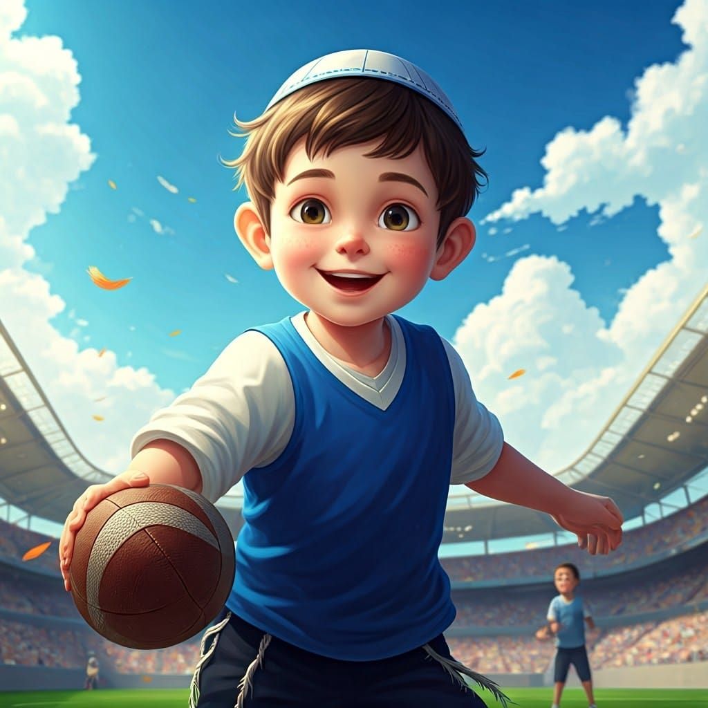 Joyful Boy Plays Football in Anime Style