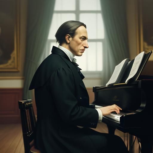 ((Friedrich Chopin)) profile portrait,piano, oil painting, s...