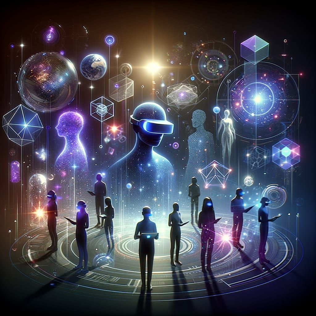 A high-resolution, futuristic digital illustration representing Augmented Reality (AR) and Virtual Reality (VR).
The design should feature g...