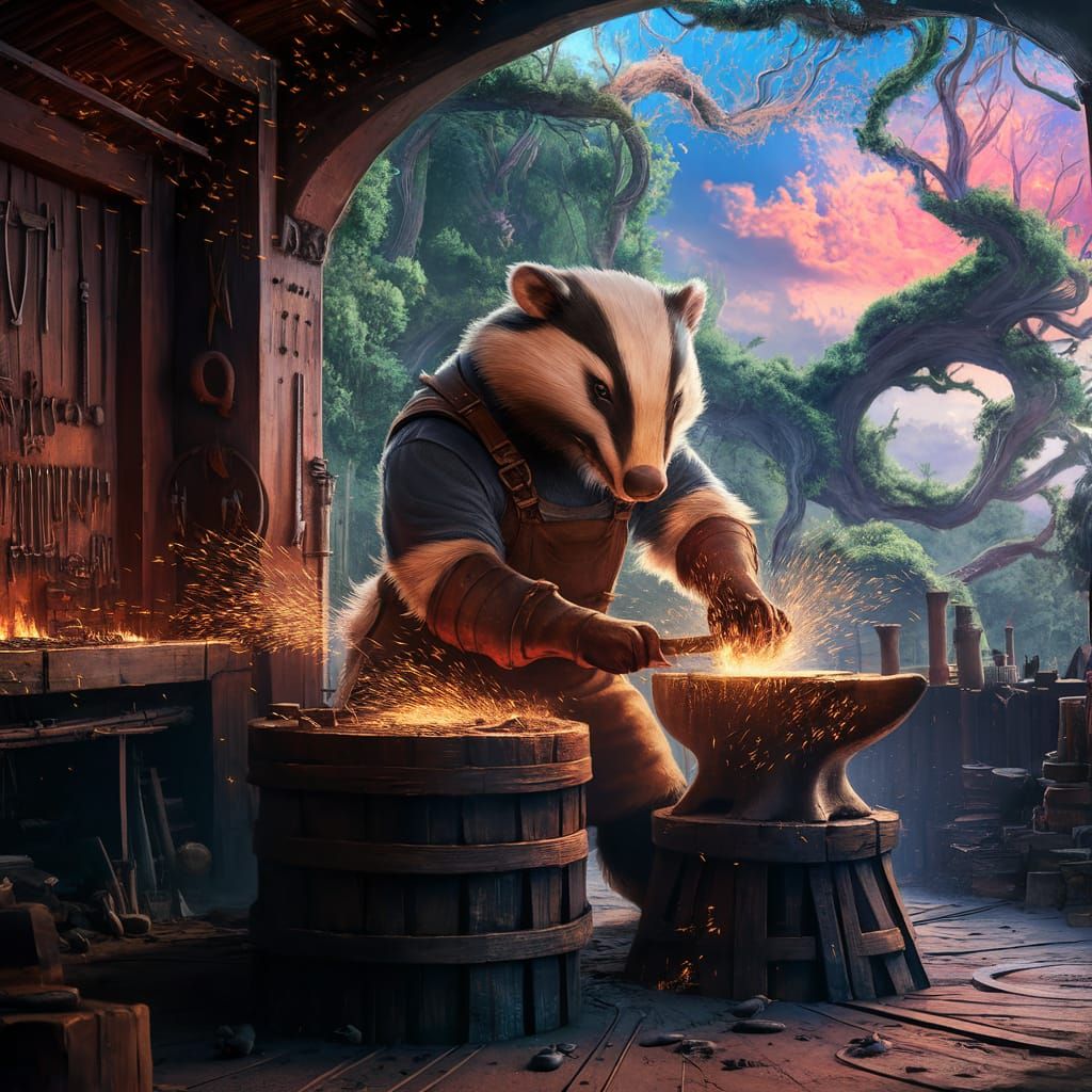 Anthropomorphic badger blacksmith
