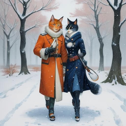 adorable anime cats couple walks through a winter landscape
