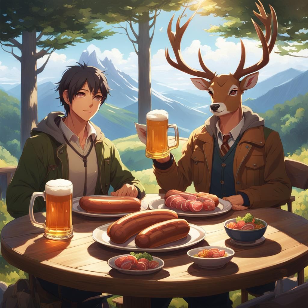 In our fantasies, the small and large deer sit at a table on...