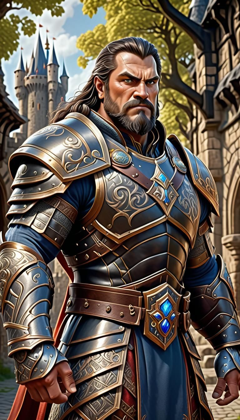 A middle age large man, muscular, dark curvy hair, short bea...