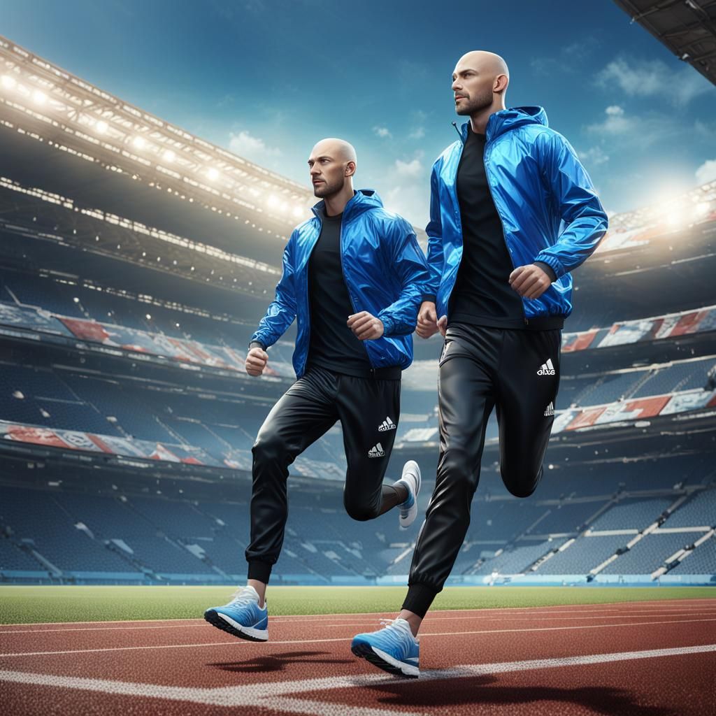 two handsome 25 years old shaved head gay man in shiny blue ...