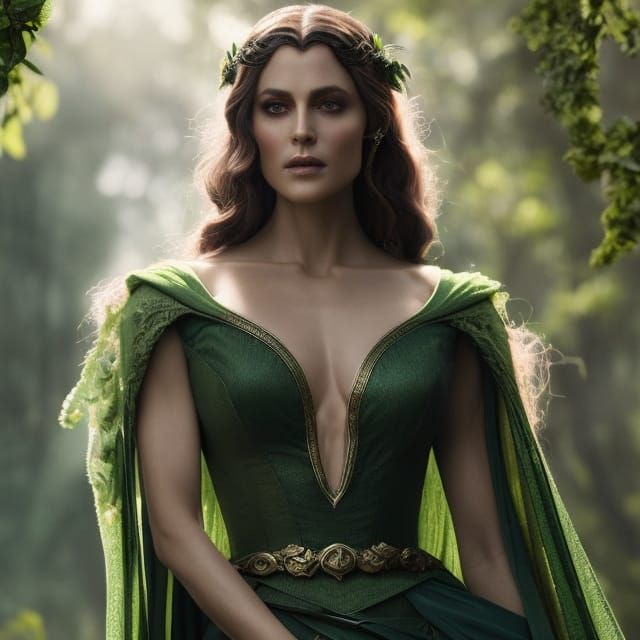 Beautiful elven woman in a green gown, lord of the rings, a ...