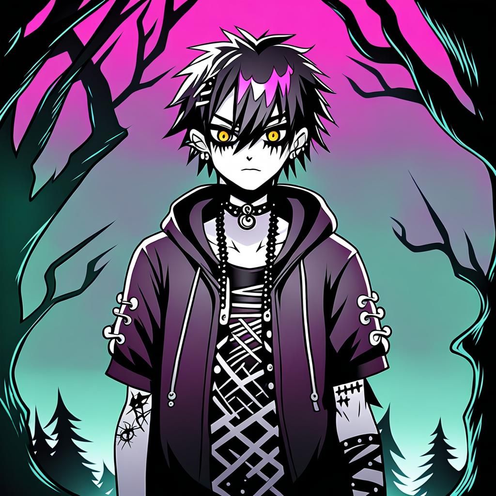 anime punk goth guy in haunted forest 