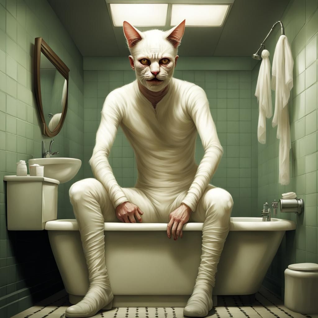 Creepy albino man in a cat  costume in the bathroom