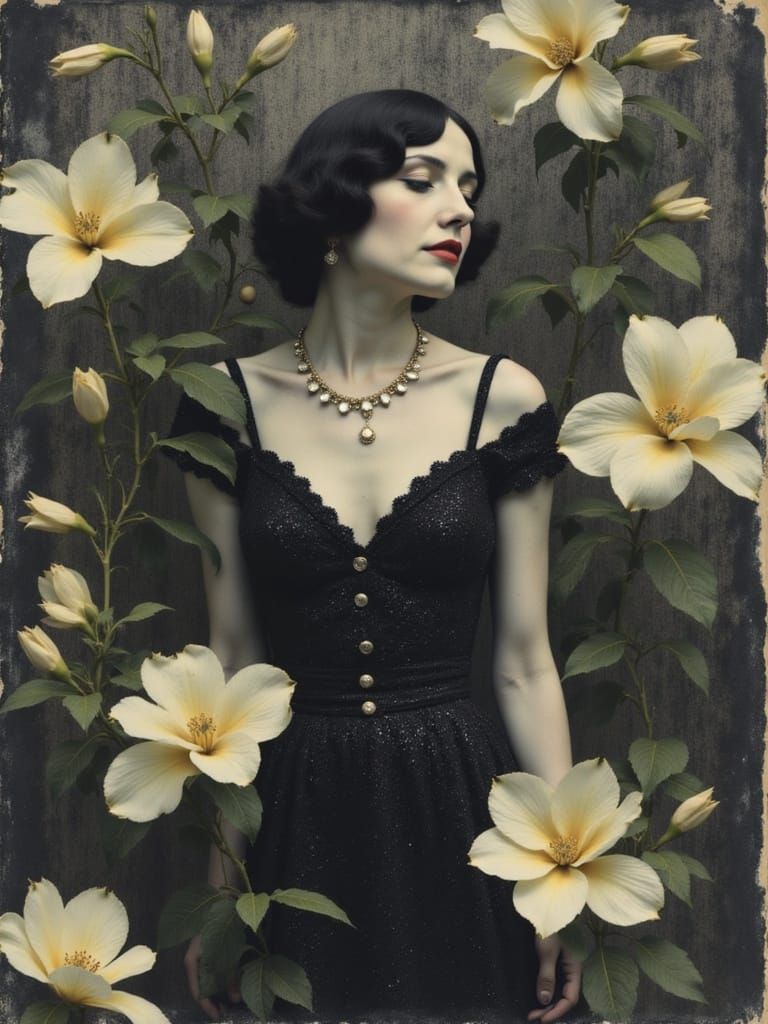 Man, Three dimensional textured impasto, The Matrix Tattoo floral gardenia monstera palm 1940s, torch song nightclub singer, Black white gol...