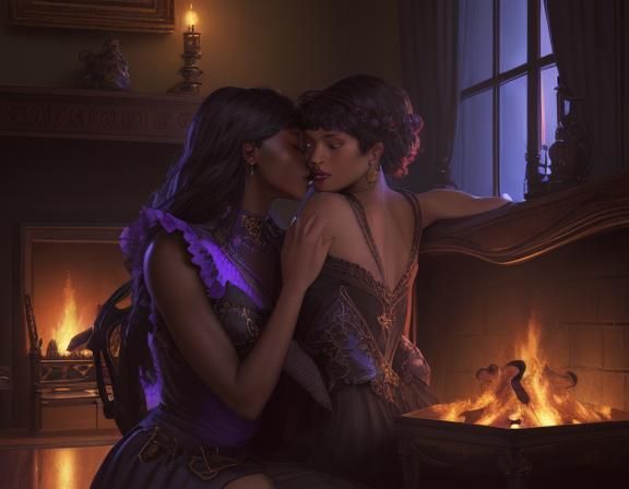 Two black lovers kissing by a roaring fireplace, in the styl...