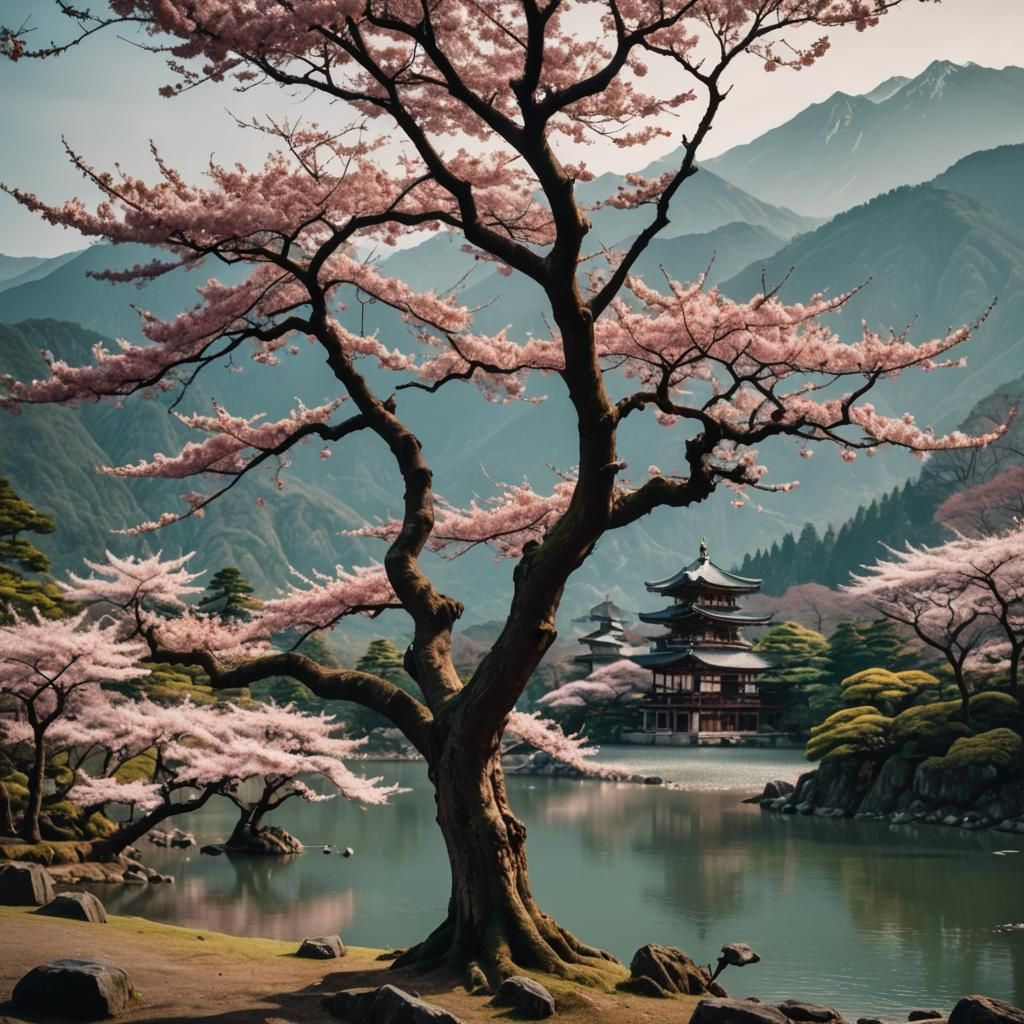 A beautiful ancient sakura tree in front of a lake. Mountain...