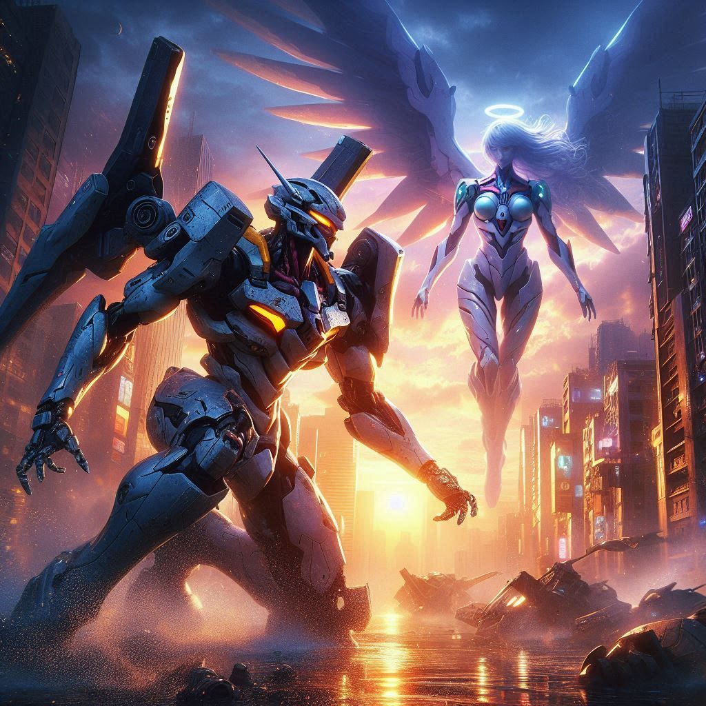 Mecha pilot in a sleek, high-tech exosuit, amidst a ravaged ...