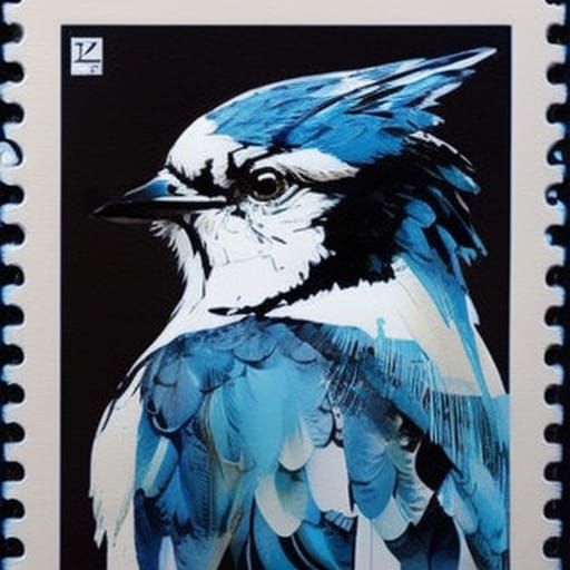 Postage stamp: Bright Ink splash blue jay. Bird Portrait. Al...