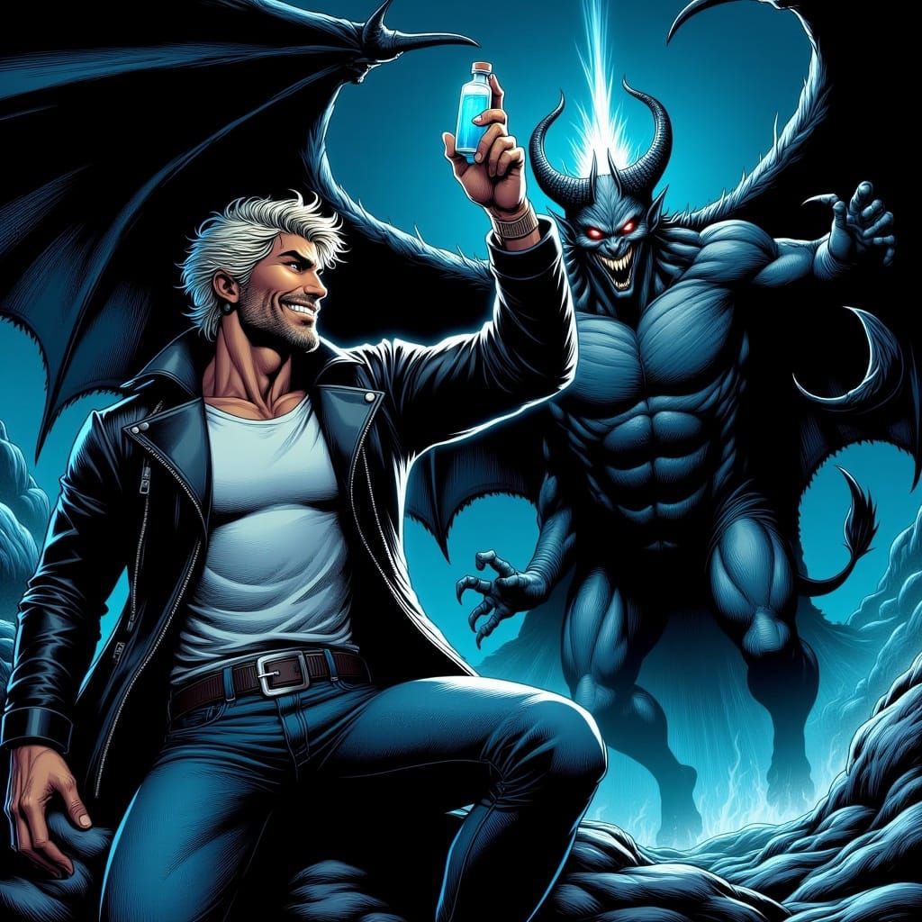 <lora:Flux Comicstyle:1.0> a beautiful, athletic male demon hunter in jeans, Shirt and black leather jacket, shaggy salt-and-pepper hair, gr...